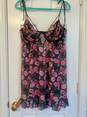 For Love And Lemons Black Sheer Glittering Rose-Print Babydoll
